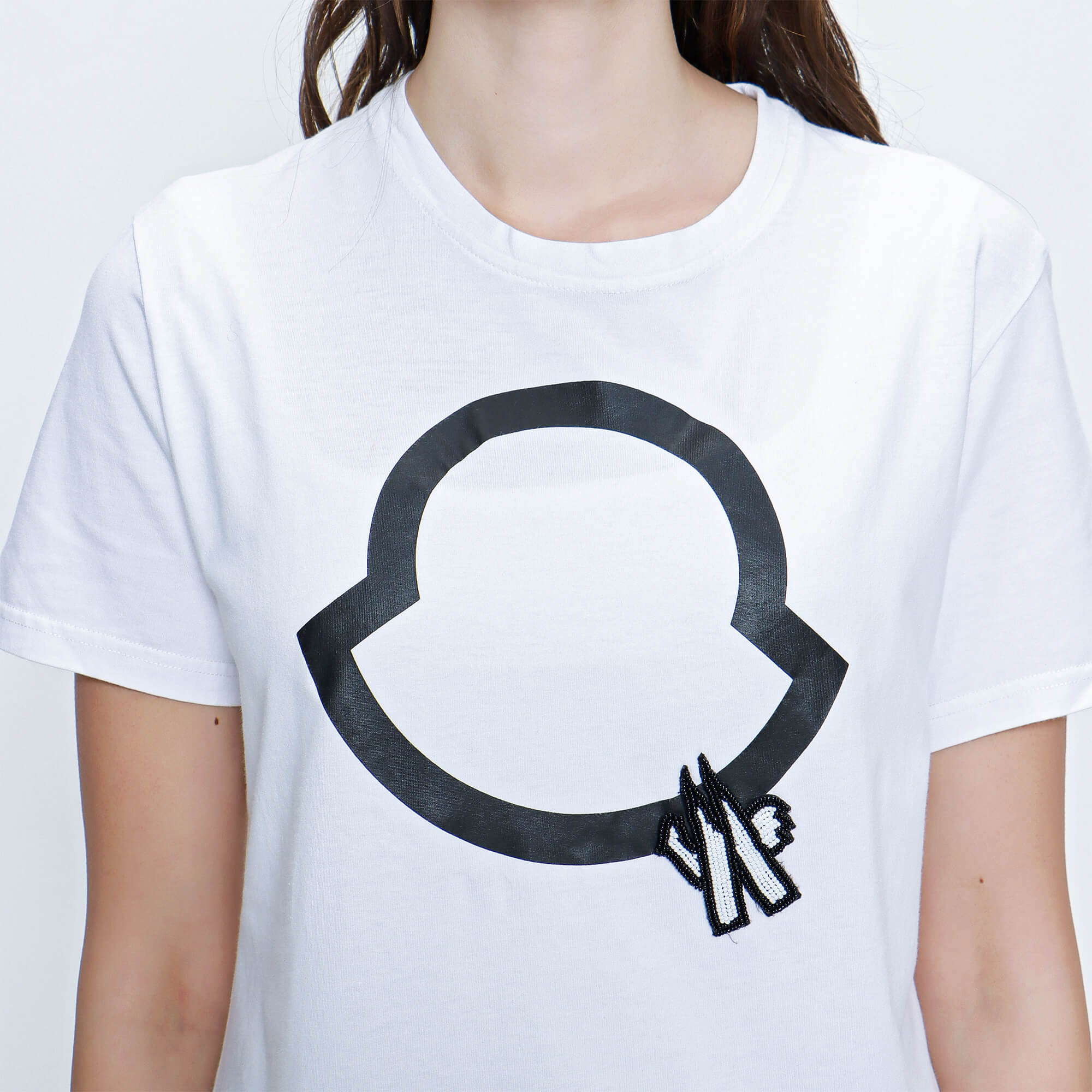 Moncler - White Cotton Black Logo Print And Beads T shirt 